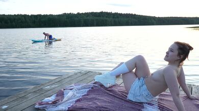 Two Girls Took Their Clothes off on the Lake. a Passing Surfer Had Sex in the Open Air